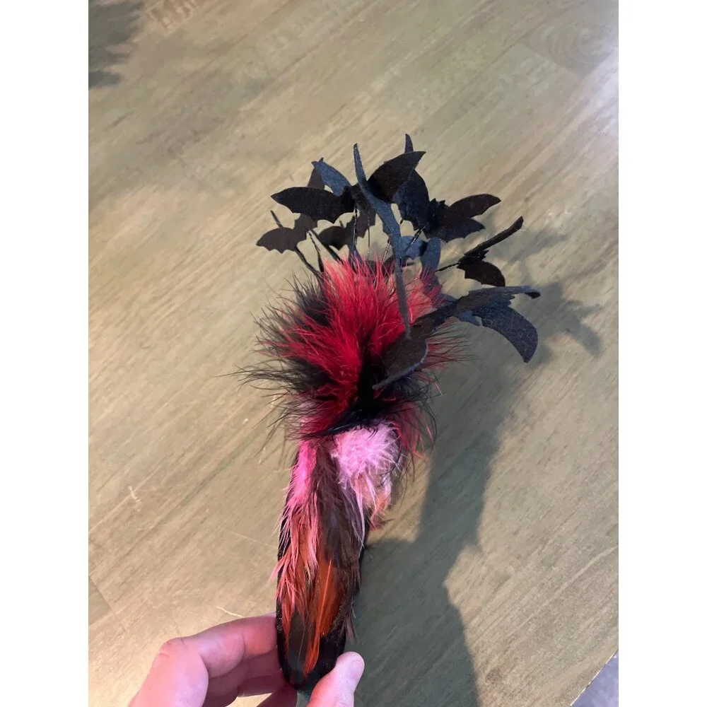 Black Bat Fascinator Headband With Red & Black Feathers Halloween Costume Access